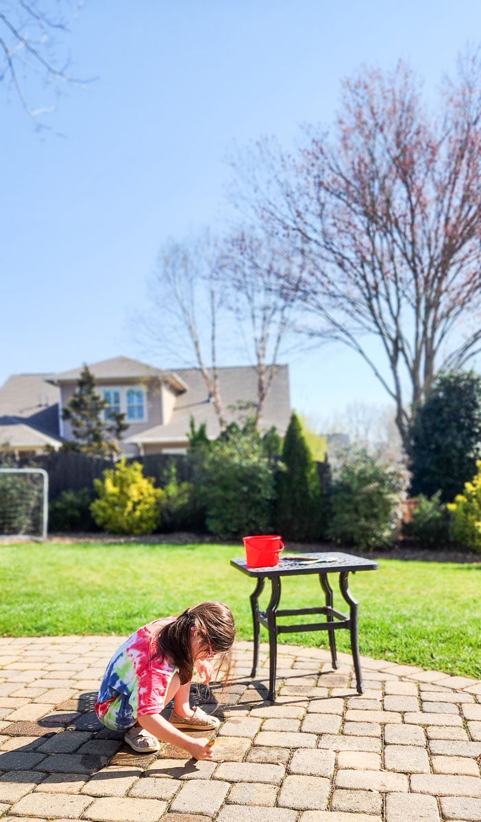 Young Girl Playing Outside with a Bucket of Water and a Paintbrush