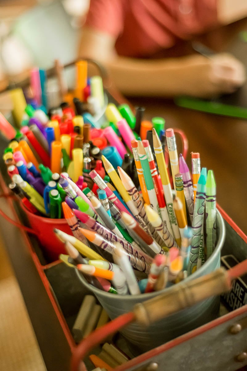 Drawing Supplies Organized in Metal Containers