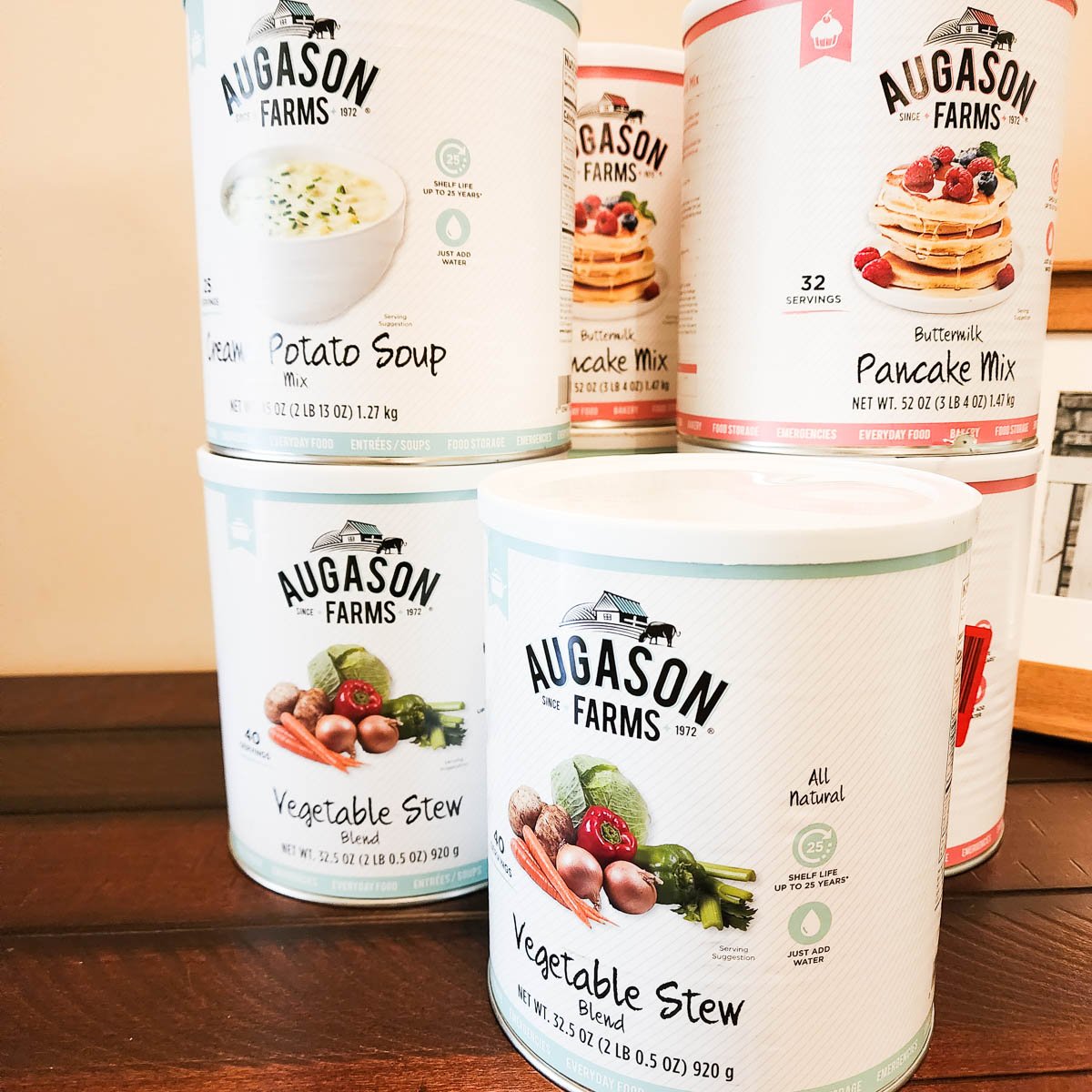 Cans of Augason Farms Foods