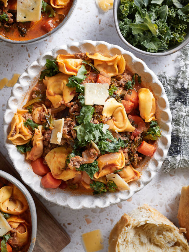 Italian Sausage Tortellini Soup in White Serving Bowl