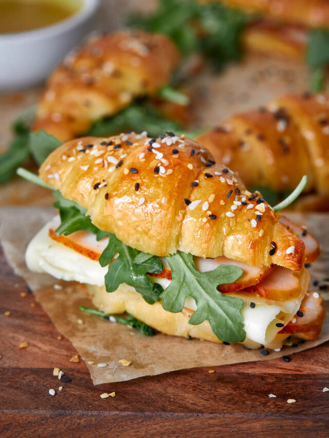 Turkey & Havarti Croissant Sandwiches on Wooden Serving Board