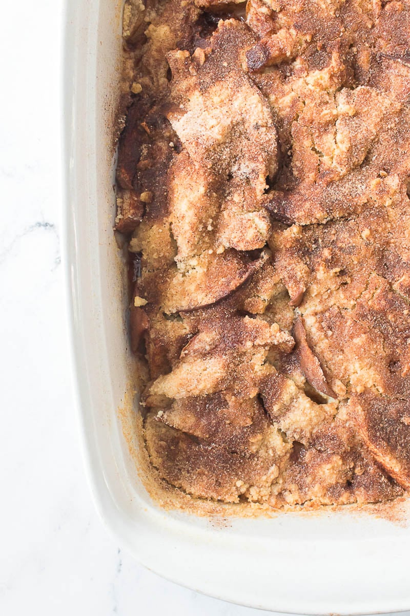 Peach Cobbler Baked in Glass Baking Dish