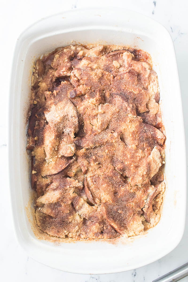 Peach Cobbler Baked in Glass Baking Dish