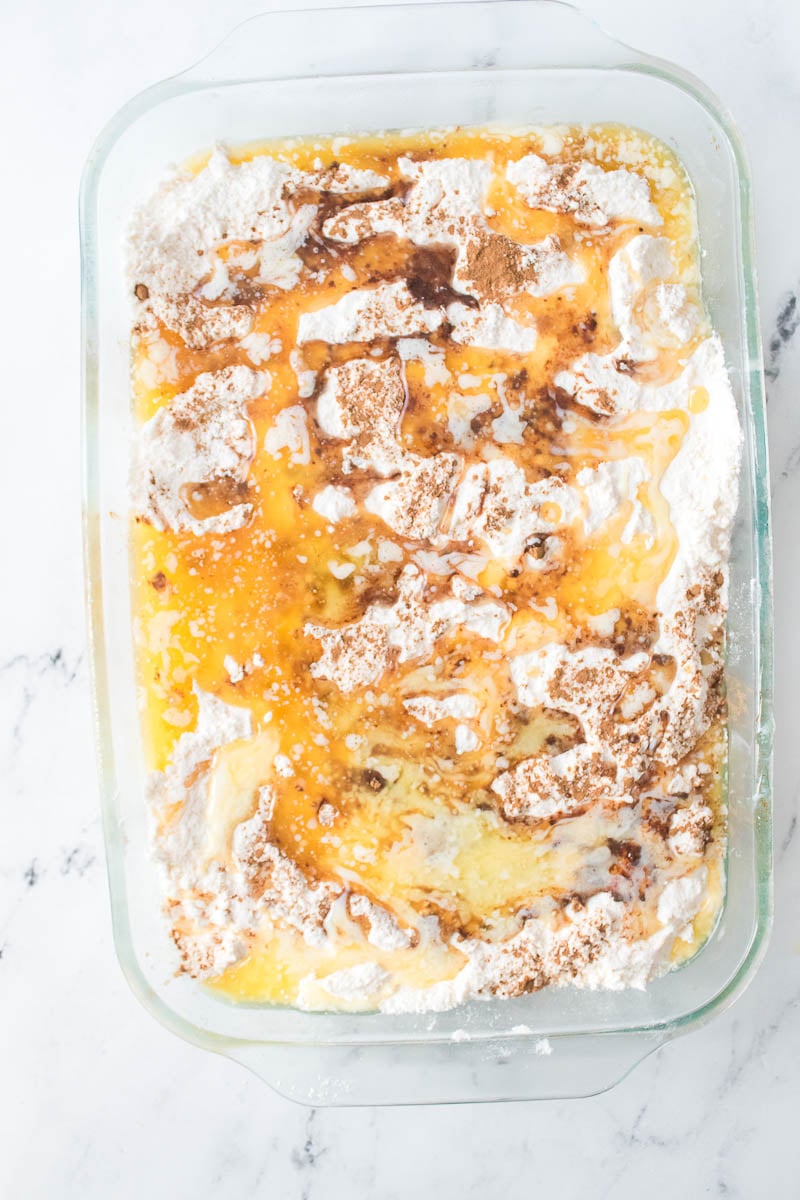Apple Dump Cake in Baking Dish - Prepared to Be Baked