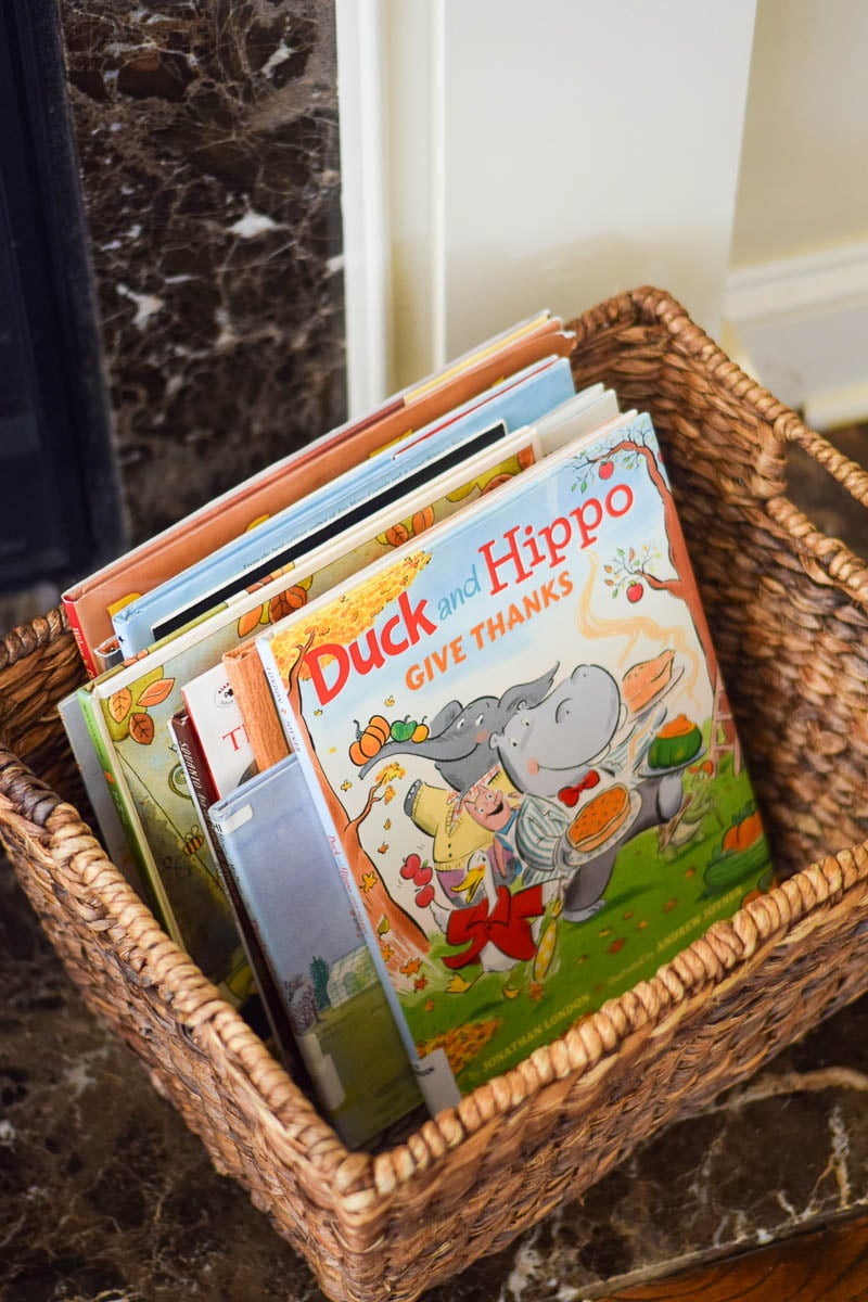 Thanksgiving Books Organized in a Basket