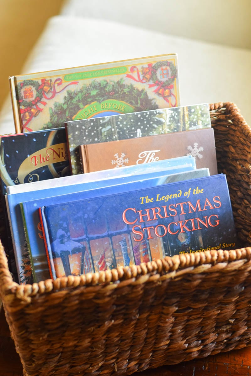 Christmas Books Organized in a Basket