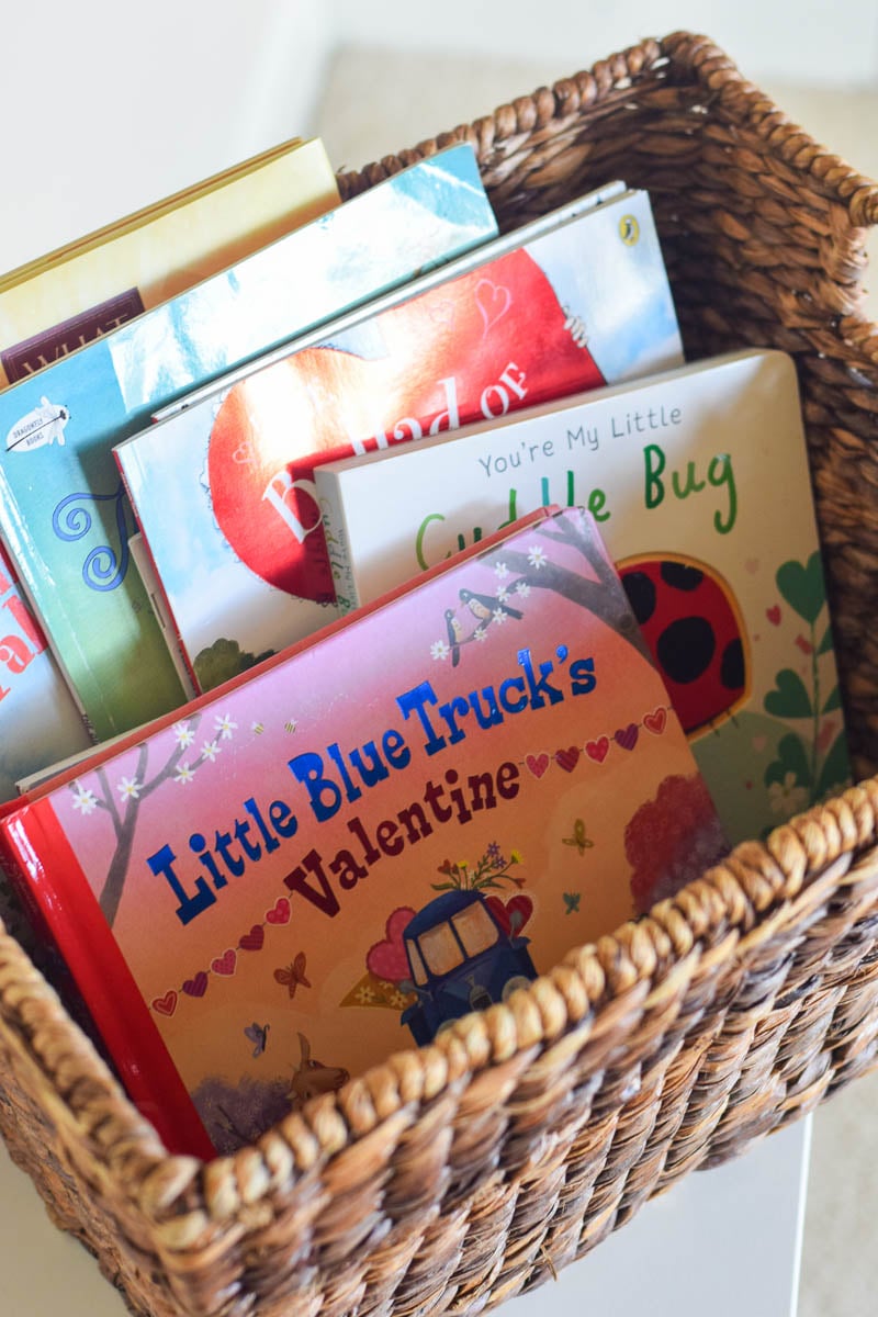 Valentine's Day Books Organized in a Basket