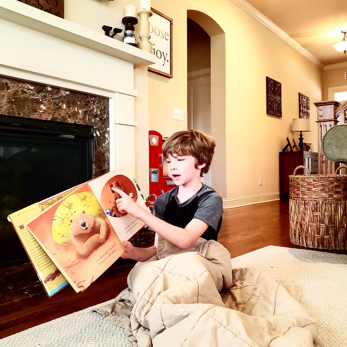 Child Reading in Living Room Space