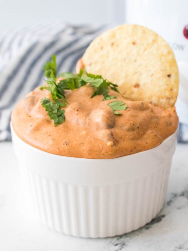 Cream Cheese Chili Dip in Small White Bowl