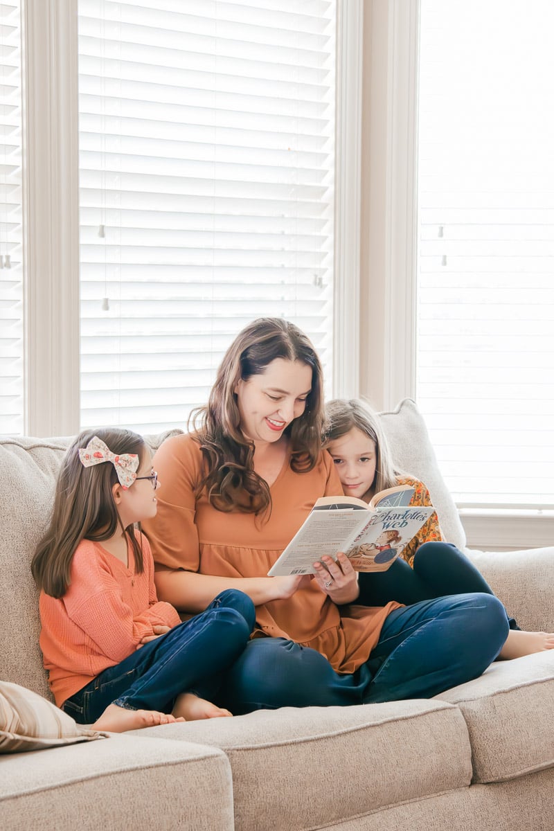 Mom and Daughters Reading Charlotte's Web Together