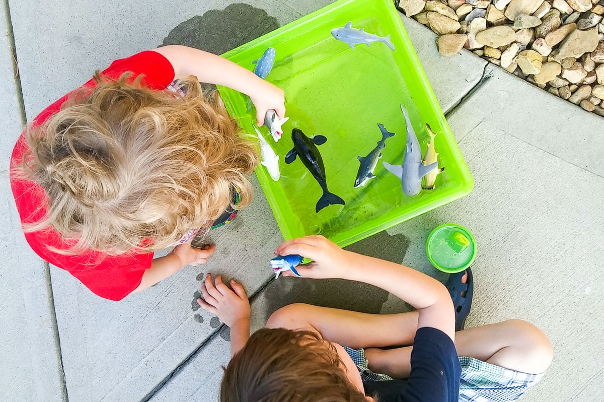 Kids Playing in Sensory Water Bin with Pretend-Play Animals