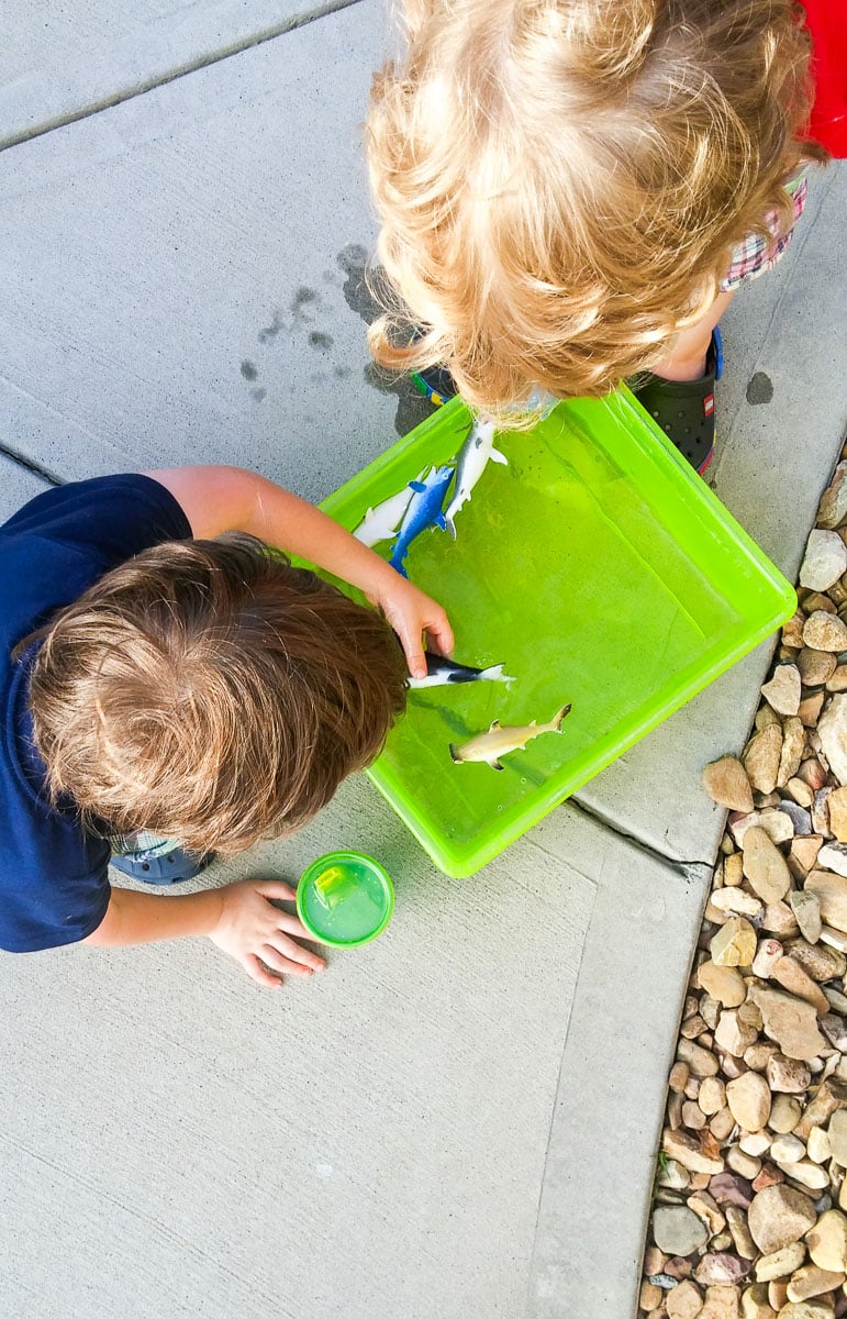 Kids Playing in Sensory Water Bin with Pretend-Play Animals