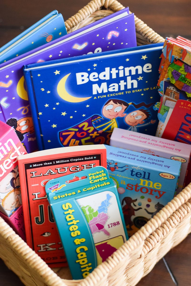 Basket of Kids Books and Educational Flashcards