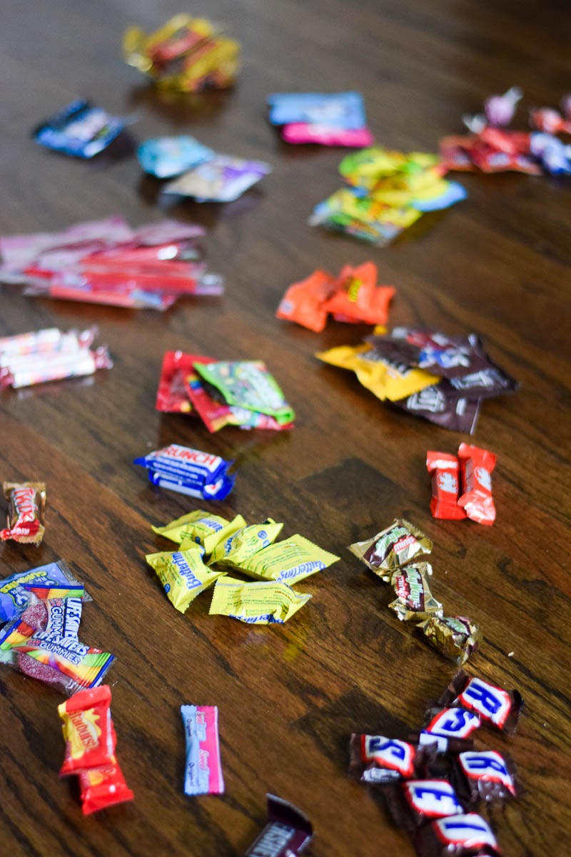 Candy Sorted into Piles on the Floor