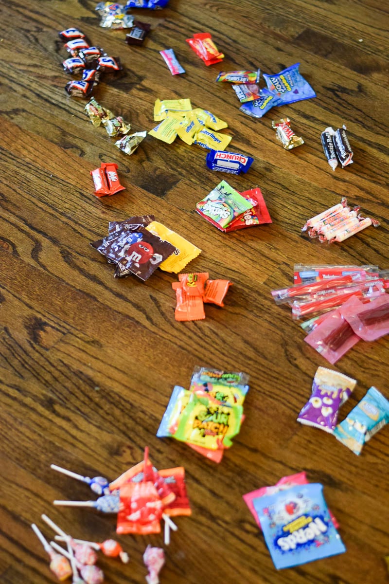 Candy Sorted into Piles on the Floor