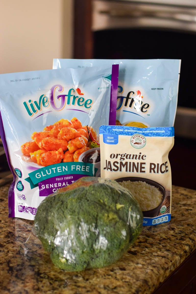 Ingredients for ALDI General Tso's Chicken Meal Sitting on Kitchen Counter
