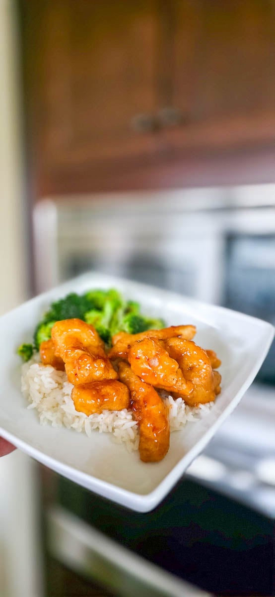 General Tso's Chicken Served with Rice - Served on a White Dinner Dish