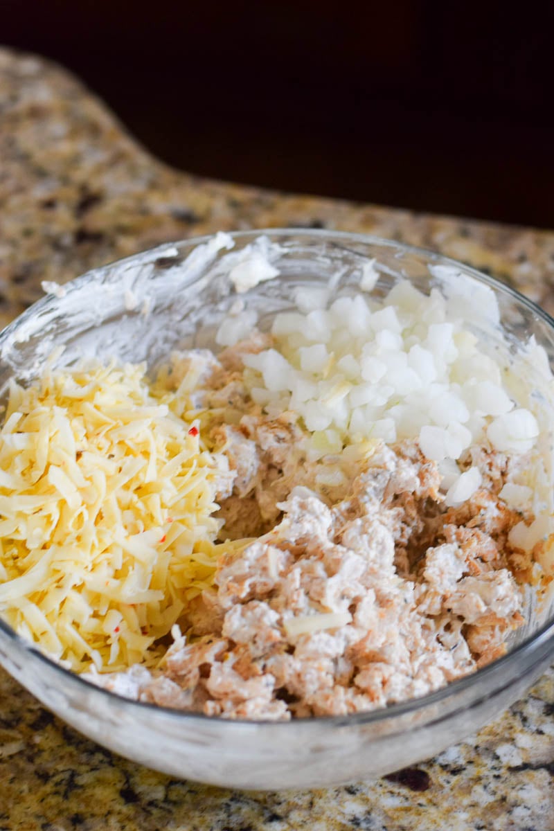 Enchilada Mixture in a Glass Mixing Bowl