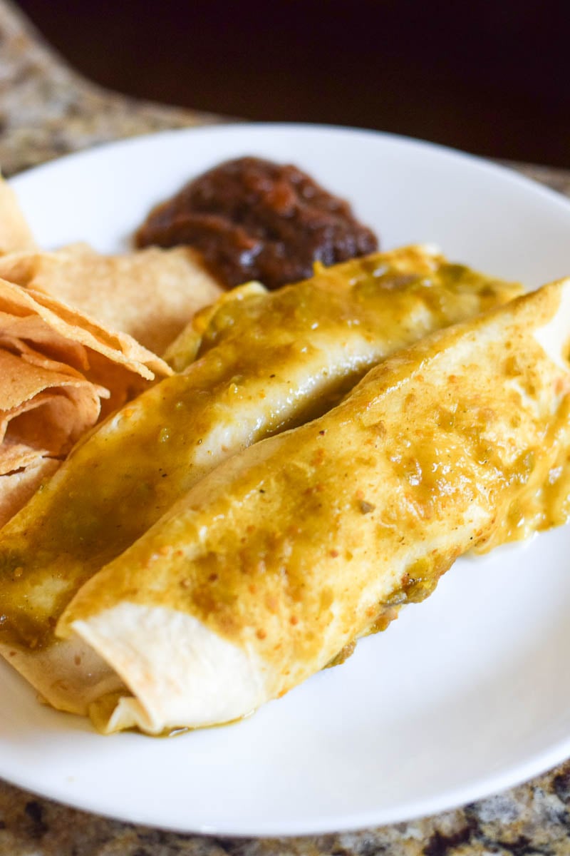 Enchiladas and Chips and Salsa on a White Dinner Plate