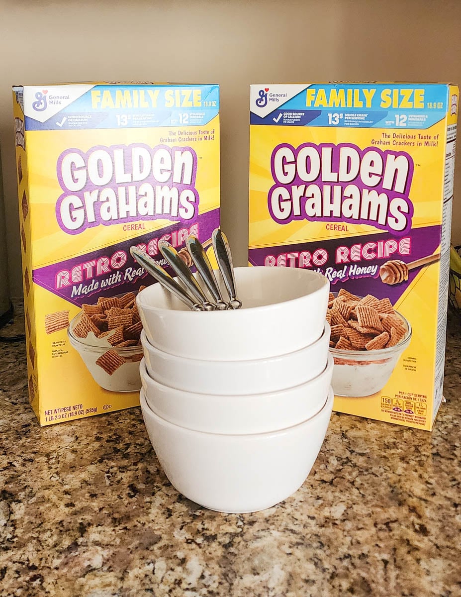 Two Boxes of Golden Grahams Cereal Sitting on the Kitchen Counter