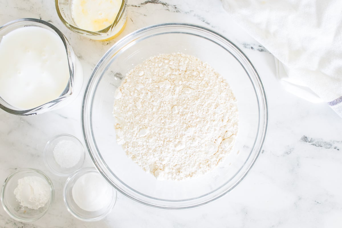Biscuits Ingredients in Glass Mixing Bowl