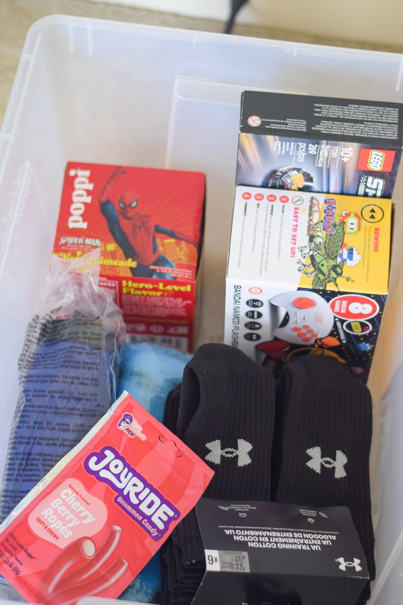 A Bin Full of Birthday and Christmas Gifts for a Teen