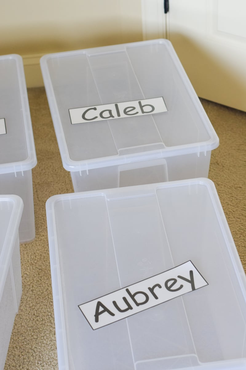 Plastic Storage Totes Labeled with Names