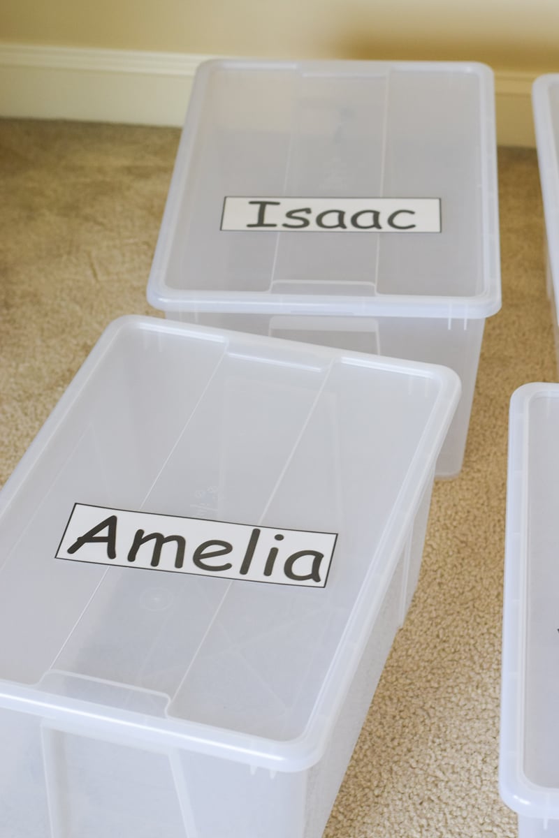 Plastic Storage Totes Labeled with Names