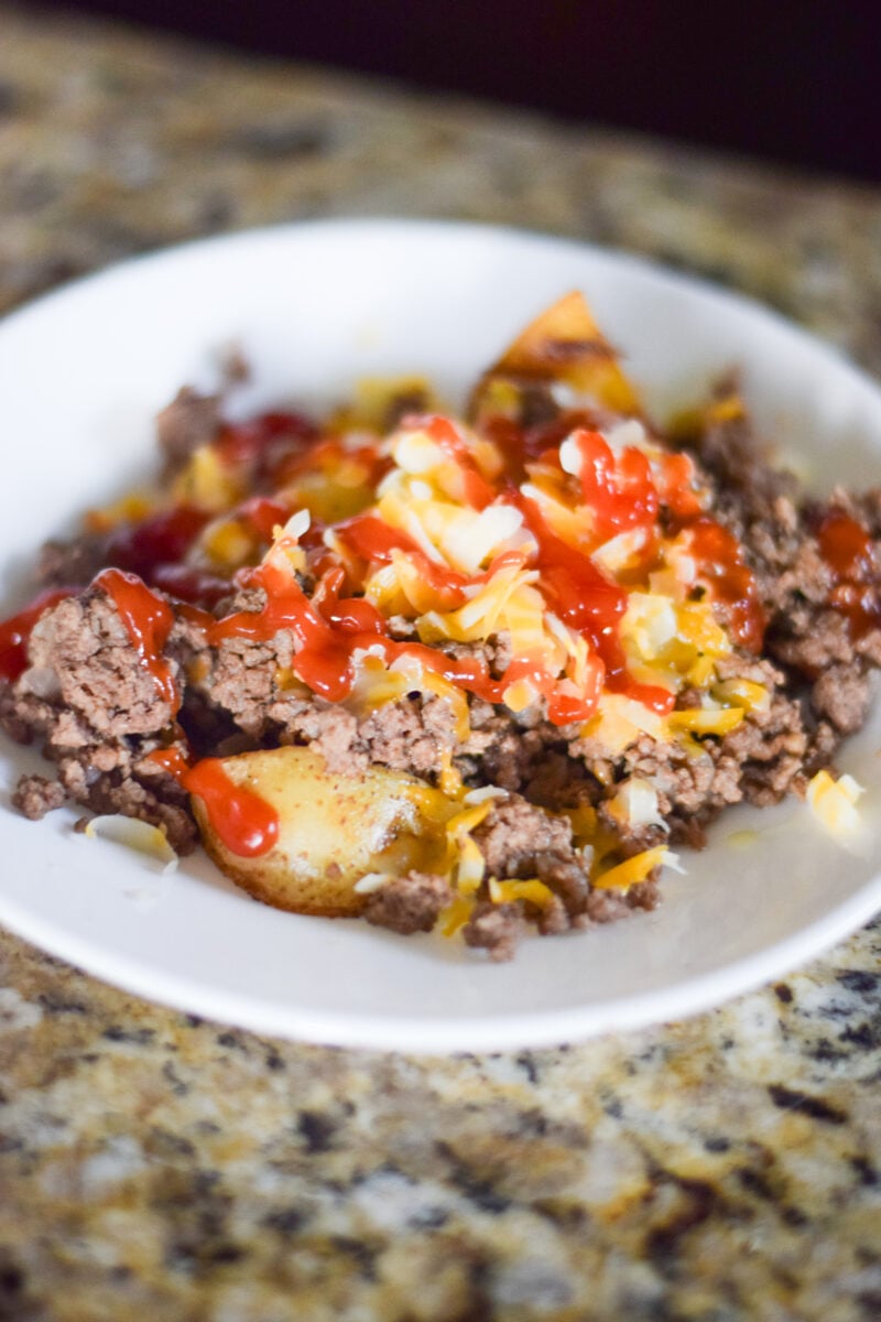 A Kid-Friendly Made Burger Bowl Sitting on the Kitchen Counter